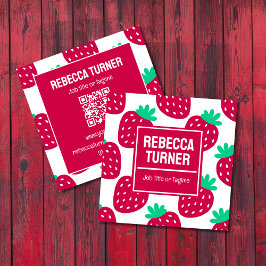 Tarjeta De Visita Cuadrada Adorable patrón minimalista de fresa, código QR