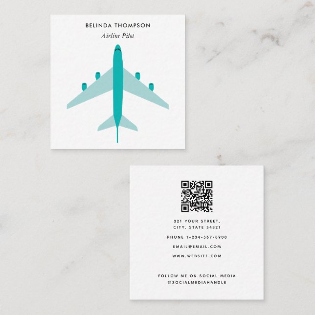 Tarjeta De Visita Cuadrada Aerolíneas Piloto Aeronave Código QR Medios Social (Anverso / Reverso)