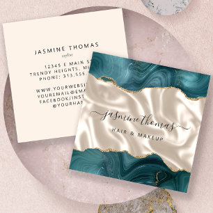 Tarjeta De Visita Cuadrada Ágata Teal Oro Glitter Marfil Lujo