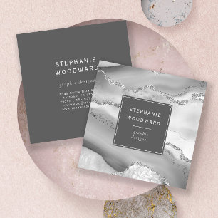 Tarjeta De Visita Cuadrada Agate Geode Gray White Silver Faux Purpurina