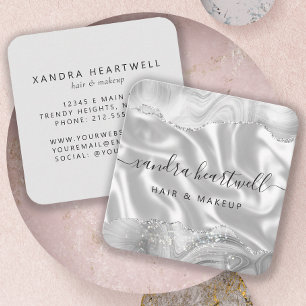 Tarjeta De Visita Cuadrada Agate Gris Plata Brillo Lujo Esquinas Redondeadas