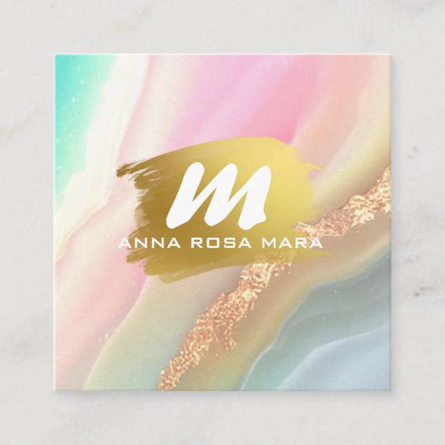 Tarjeta De Visita Cuadrada *~* Agate Purpurina de oro QR Rainbow Pastel AP66 (Anverso)