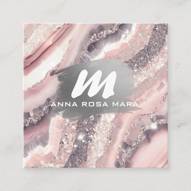 Tarjeta De Visita Cuadrada *~* Agato rosado Purpurina QR Silver AP66 (Anverso)