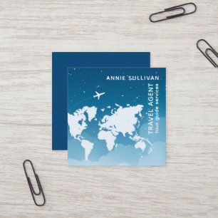 Tarjeta De Visita Cuadrada Agente de viajes Mapa Mundial y Avión Azul