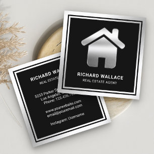 Tarjeta De Visita Cuadrada Agente Inmobiliario Logo Hogar Hoja de Plata Negra