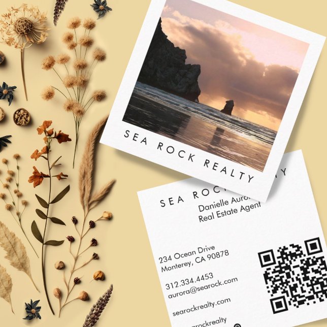 Tarjeta De Visita Cuadrada Agente inmobiliario único Rocks Beach Photo QR Cod (Custom photography business cards with social media icons and QR code. Beach sunset)