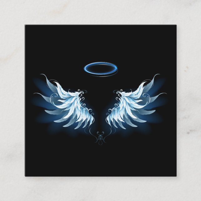 Tarjeta De Visita Cuadrada Alas del Ángel Azul brillante sobre fondo negro (Anverso)