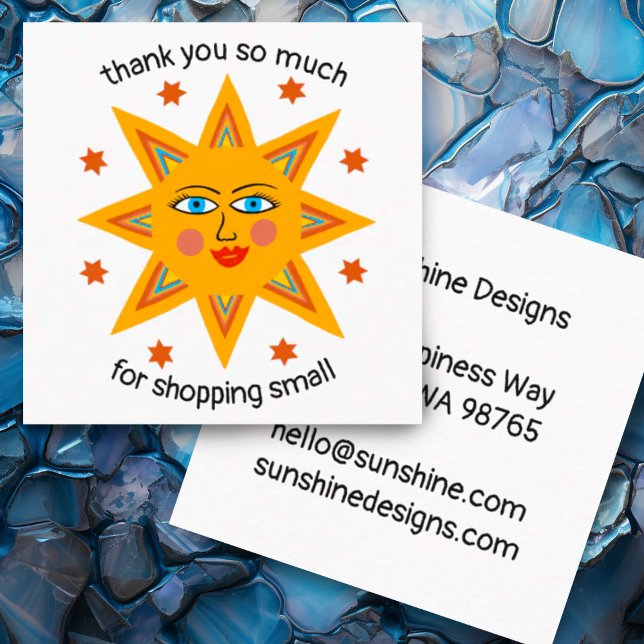 Tarjeta De Visita Cuadrada Alegre PERSONALIZADO Sunshine Gracias Comprar Pequ (Small business thank you for your order custom card with cheerful sun)