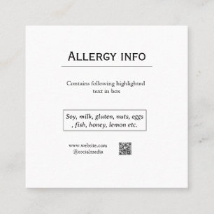 Tarjeta De Visita Cuadrada alerta de alergia alimentaria añadir nombre texto 