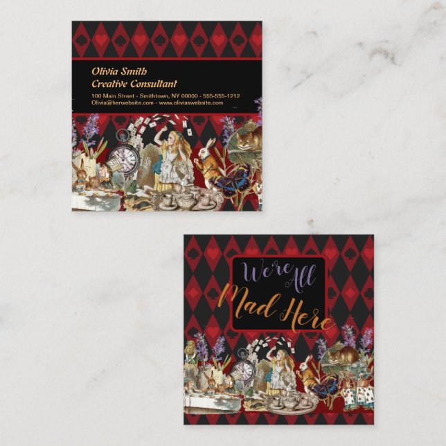 Tarjeta De Visita Cuadrada Alicia en Gato de Cheshire Loco de Maravilla (Anverso / Reverso)