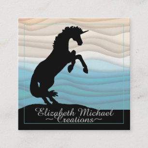 Tarjeta De Visita Cuadrada Alquiler de unicornio negro (ola beige azul)