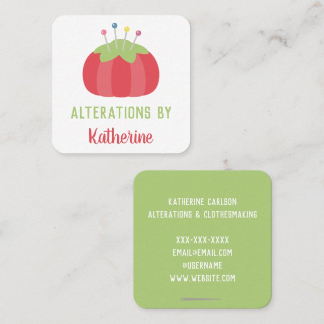 Tarjeta De Visita Cuadrada Alteraciones hechas a mano por Dressmaker Pincushi (Anverso / Reverso)