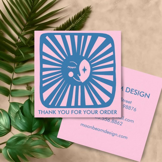 Tarjeta De Visita Cuadrada Amabilidad Moon Chic Blue Pink Order Gracias (Sweet moon design on these custom thank you business cards. )