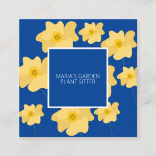 Tarjeta De Visita Cuadrada Amarillo Poppy Floral Garden Plant Sitter Azul