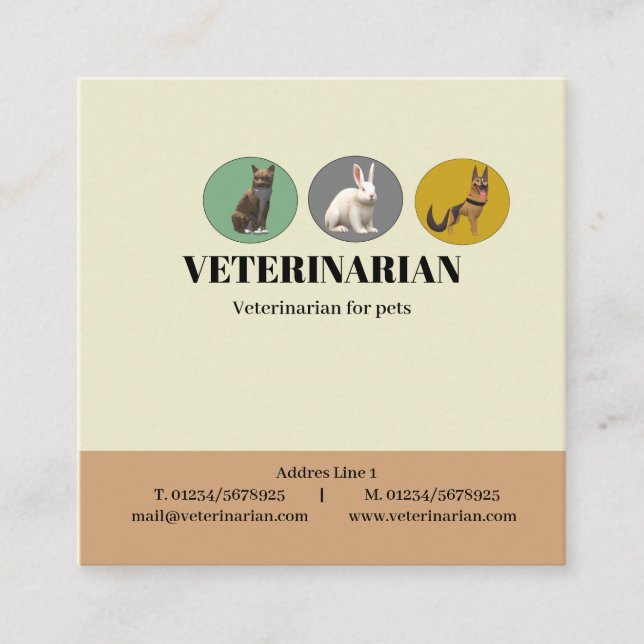 Tarjeta De Visita Cuadrada Amarillo veterinario (Anverso)