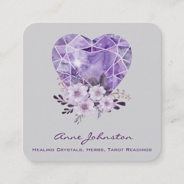 Tarjeta De Visita Cuadrada Amethyst Heart and Flowers Square Business Card (Anverso)