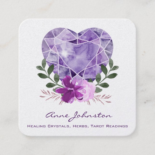 Tarjeta De Visita Cuadrada Amethyst Heart Flowers Square Business Card (Anverso)