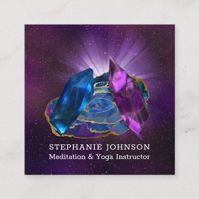 Tarjeta De Visita Cuadrada Ametista, tanzanita y agato dorado (Anverso)
