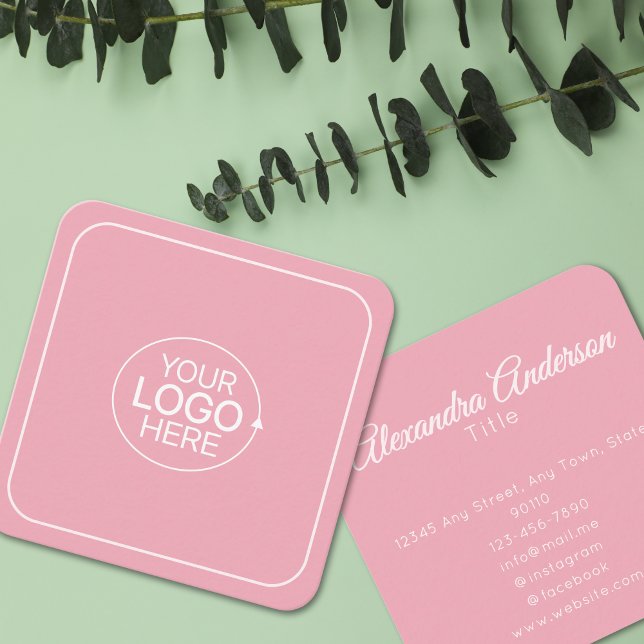 Tarjeta De Visita Cuadrada Añadir su caligrafía rosada Rubor como mínimo (Minimal Add Your Logo Blush Pink Calligraphy Square Business Card )