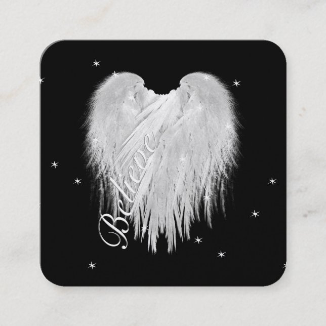Tarjeta De Visita Cuadrada ANGEL WINGS 'Believe' Heart Black Starry Night (Anverso)