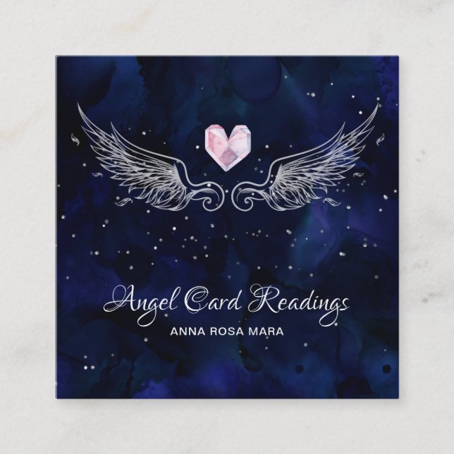 Tarjeta De Visita Cuadrada *~* Ángel Wings Starry Crystal Heart Night Sky (Anverso)