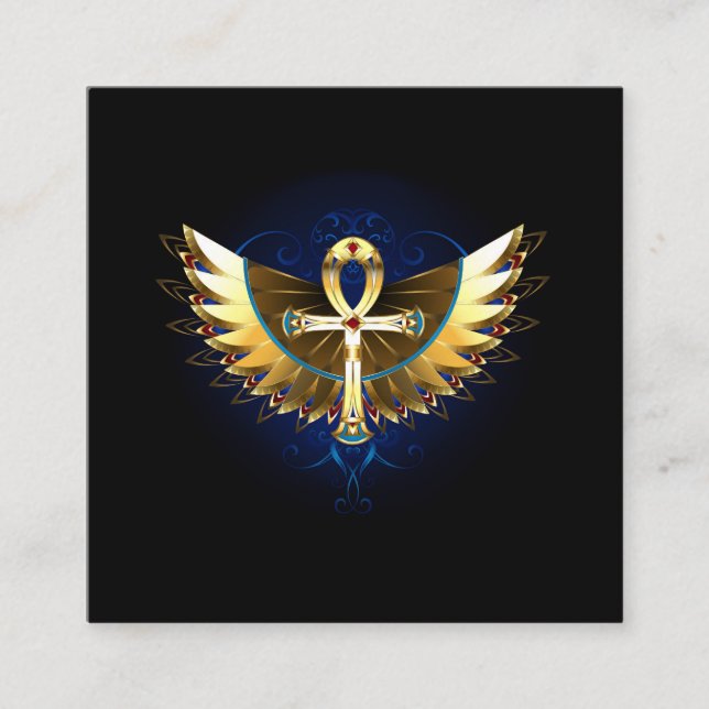 Tarjeta De Visita Cuadrada Ankh de oro con alas (Anverso)
