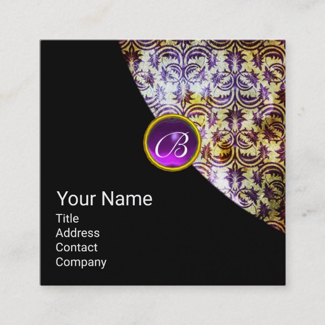 Tarjeta De Visita Cuadrada ANTIGUA DAMASK PURPLE GEM MONOGRAM Black Pearl (Anverso)