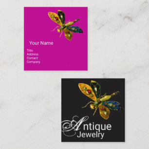Tarjeta De Visita Cuadrada ANTIQUE DRAGONFLY JEWEL Monograma Fuchsia Negro