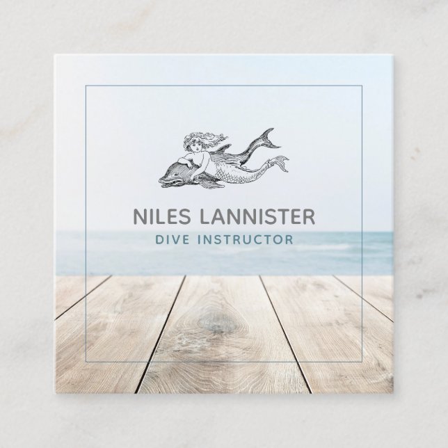 Tarjeta De Visita Cuadrada Aqua Blue Dive Instructor Mermaid Dolphin (Anverso)