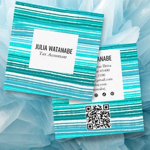 Tarjeta De Visita Cuadrada Aqua Blue Minimalista Stripes QR Medios Sociales