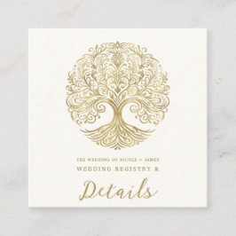 Tarjeta De Visita Cuadrada Árbol de la Vida Crema y Oro Boda Celta