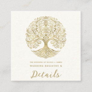 Tarjeta De Visita Cuadrada Árbol de la Vida Crema y Oro Boda Celta