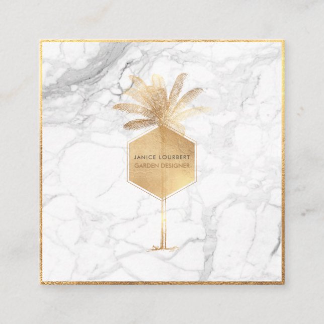 Tarjeta De Visita Cuadrada ÁRBOL DE PALMERAS DE PixDezines, ORO DE FAUX+MÁRMO (Anverso)