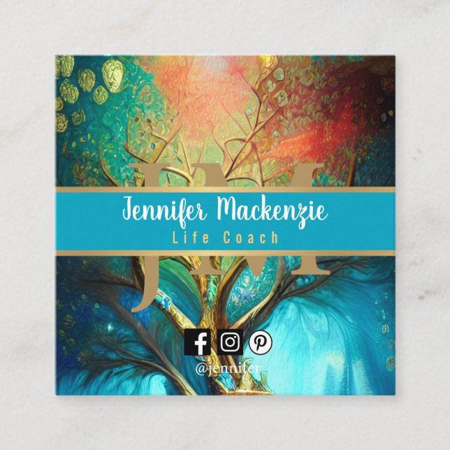 Tarjeta De Visita Cuadrada Árbol de vida del terapeuta arcoiris del entrenado (Anverso)