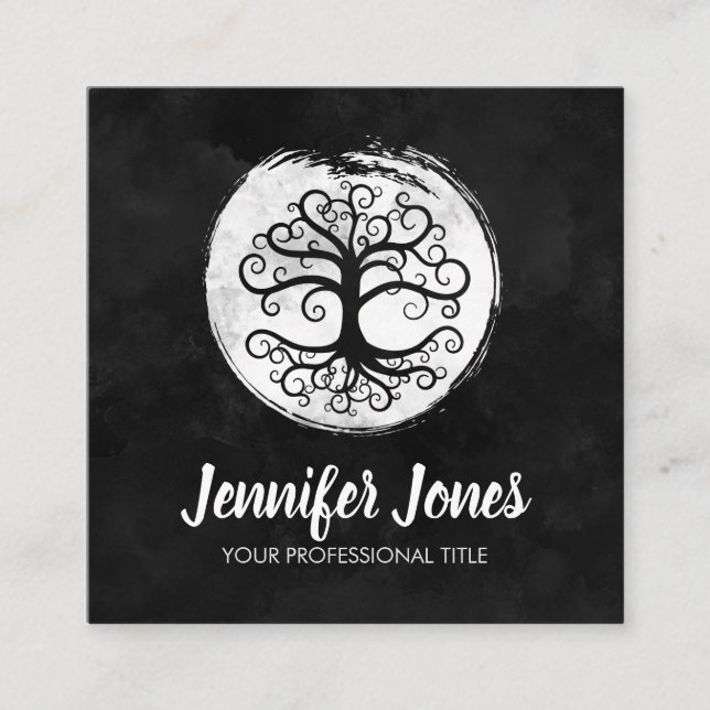 Tarjeta De Visita Cuadrada Árbol del blanco de la vida en acuarela negra (Anverso)