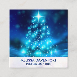 Tarjeta De Visita Cuadrada Árbol moderno de Navidad azul eléctrico con luces