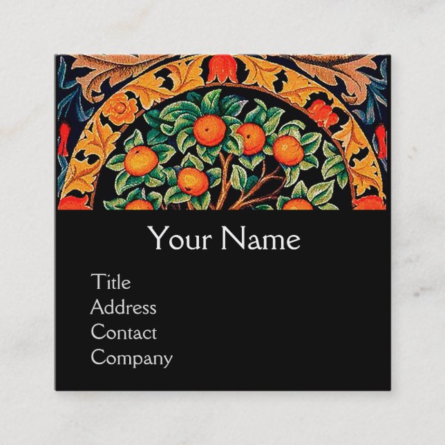 Tarjeta De Visita Cuadrada ÁRBOL naranja, HOJAS VERDES, FLORES, Negro floral (Anverso)