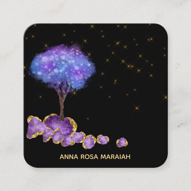 Tarjeta De Visita Cuadrada *~* Árbol Purpurina de oro Amethyst Jewels Magic (Anverso)