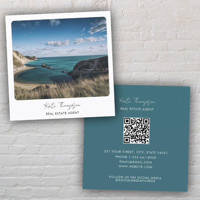 Tarjeta De Visita Cuadrada Archivo de texto único del agente inmobiliario Bea (Unique Real Estate Agent Beach Ocean Photo Script Square Business Card)