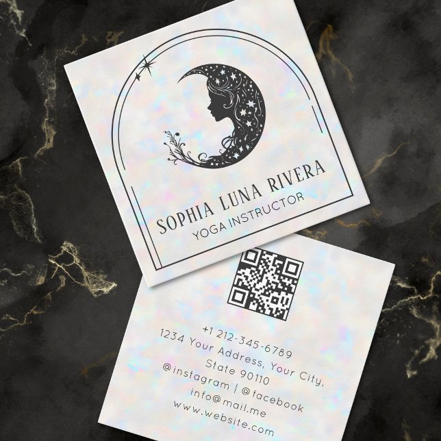 Tarjeta De Visita Cuadrada Arco Holográfico Crescent Crescent Moon QR Código (Holographic Arch Celestial Crescent Moon QR Code Square Business Card)