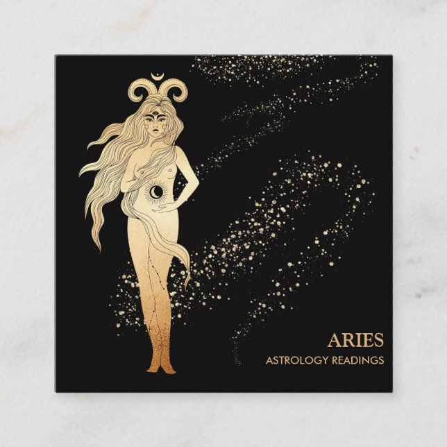 Tarjeta De Visita Cuadrada *~* ARIES Astrología Zodiaca leyendo negro dorado (Anverso)