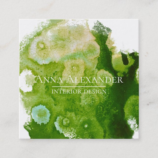 Tarjeta De Visita Cuadrada Arte de acuarela de abstración verde artística (Anverso)