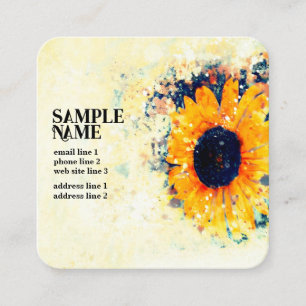 Tarjeta De Visita Cuadrada arte de girasol acuarela personalizado amarillo y 