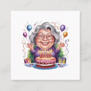 Tarjeta De Visita Cuadrada Arte de pastel de cumpleaños de anciana emocionada