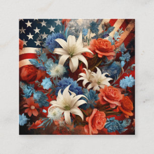 Tarjeta De Visita Cuadrada Arte floral patriótico rojo blanco y azul