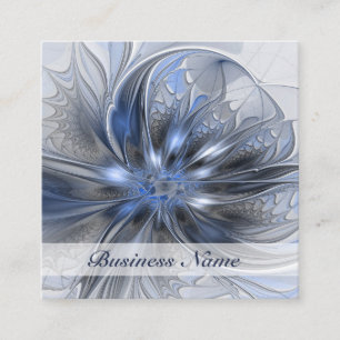 Tarjeta De Visita Cuadrada Arte fractal floral abstracto de acuarela gris azu