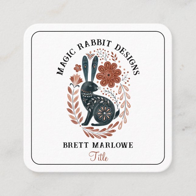 Tarjeta De Visita Cuadrada Arte popular de Woodland ilustrado Conejo Negro (Anverso)