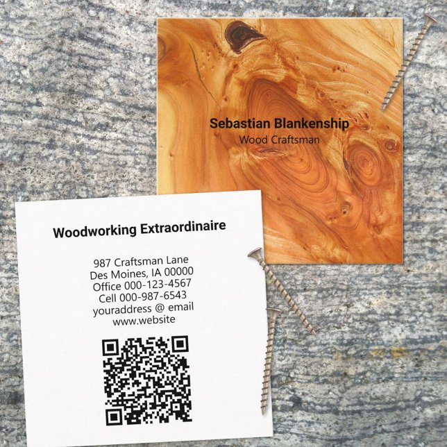 Tarjeta De Visita Cuadrada Artesano de madera acabado madera Textura Código Q (Use this business card design for any business once you personalize all the text and add a QR code. )