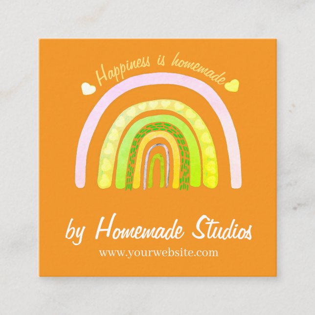 Tarjeta De Visita Cuadrada Artisan Rainbow 'Happiness is Homemade'  (Anverso)