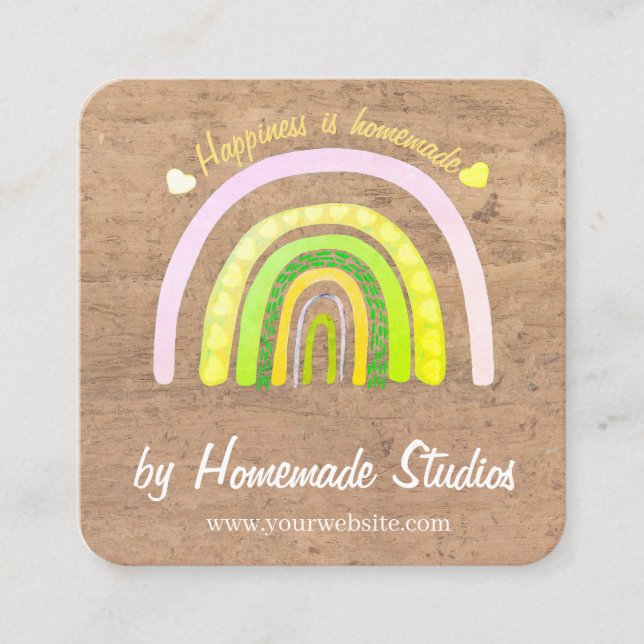 Tarjeta De Visita Cuadrada Artisan Woodgrain Rainbow 'Happiness is Homemade'  (Anverso)